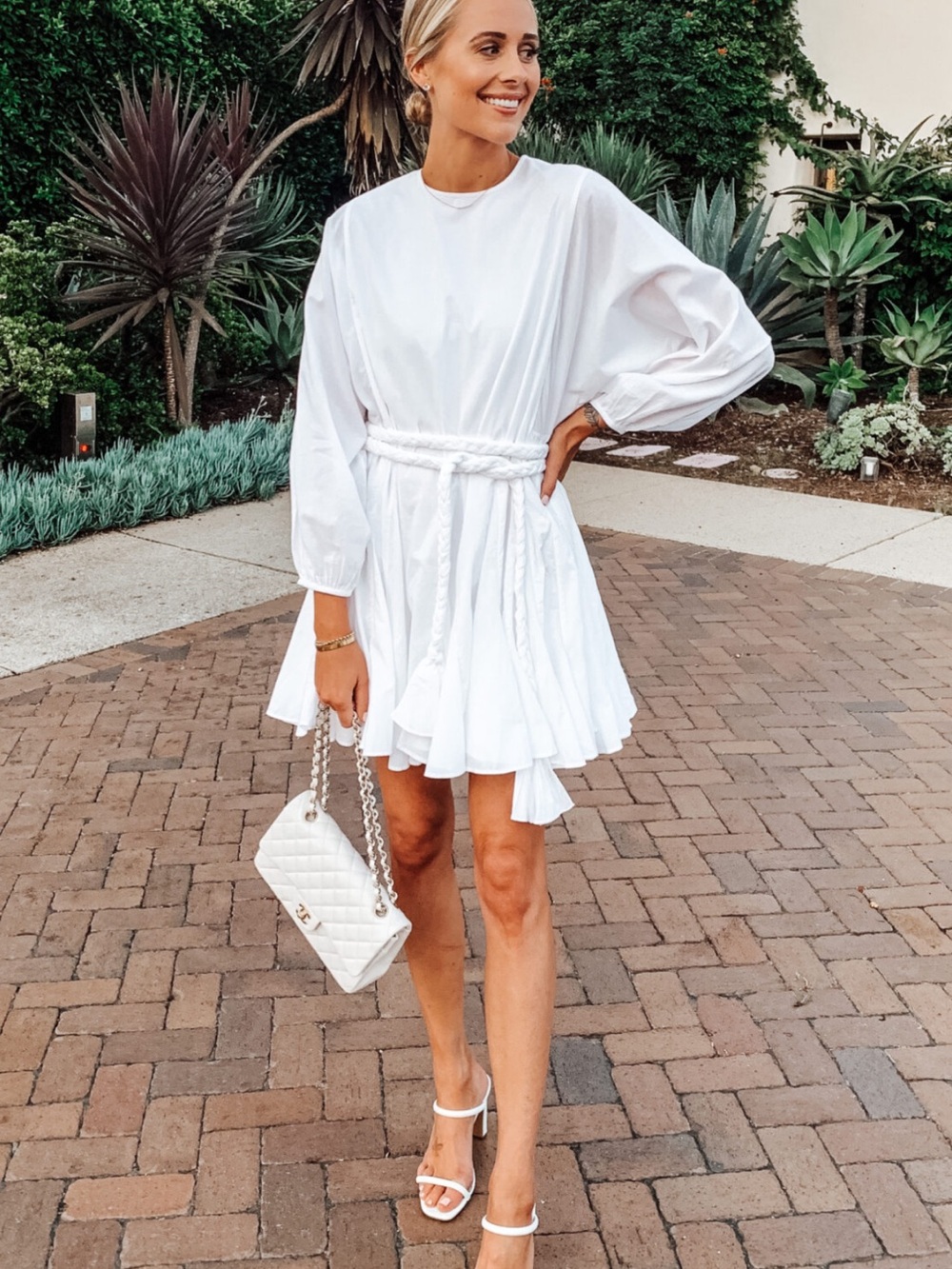 RHODE Ella Dress White Size S Braided Belt Ruffle Mini $520